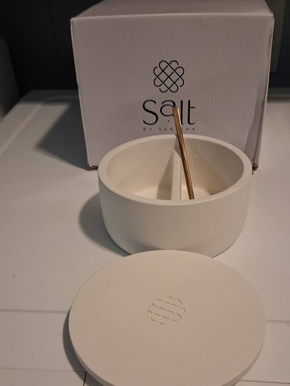 Cream Ceramic Salt Cellar with Gold Spoon Salt By Sabrina